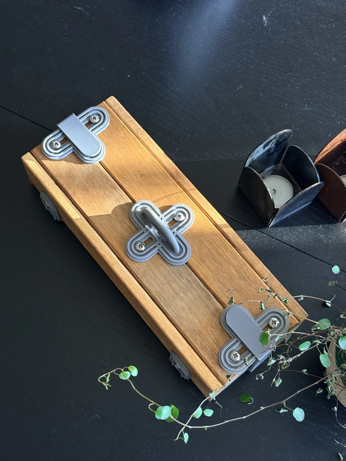 The closed wooden box with printed fittings