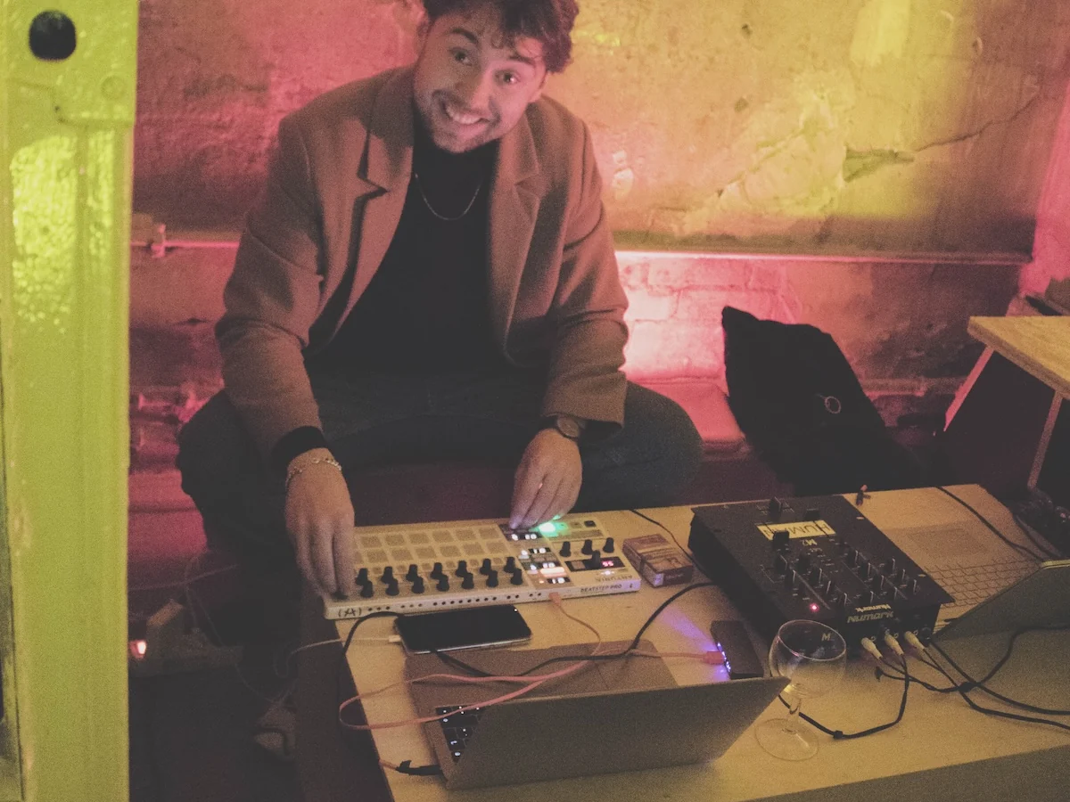 David Knop at his drum pads, mixer and laptops